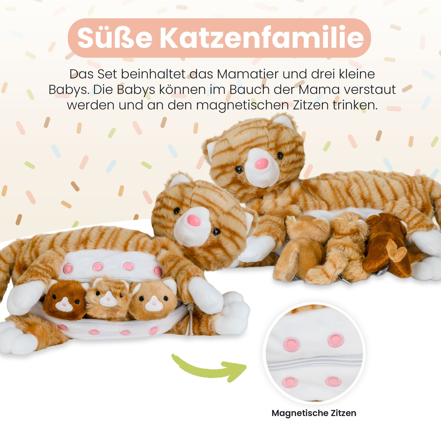 Mamanimals Kuscheltier Set Mama Katze und Babys Orange